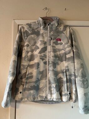 The North Face Gray Snow Camo Softshell Jacket with Pink Logo
